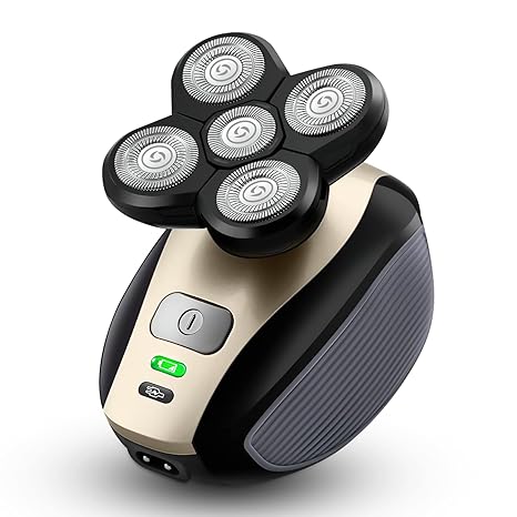 5-Blade Electric Shaver for Men, USB Rechargeable, Rotary Head with Wireless Charging, Ergonomic Design, Gold/Black