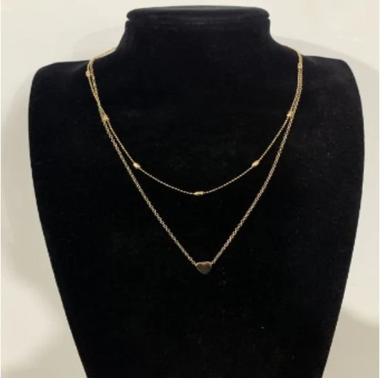 Double Chain Heart Necklaces for Women - Sterling Silver Adjustable Stacked Bead Double Chain Charm Necklace