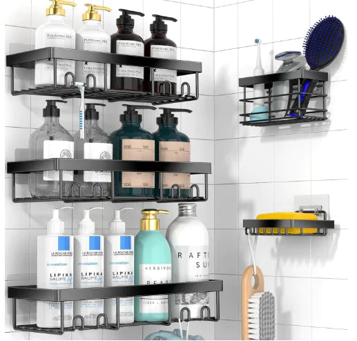 Adhesive Shower Organizer, Rustproof Stainless Steel Bathroom Shelves, Large Capacity No-Drill Rack Storage Accessories with Soap Dish Toothbrush Holder &24 Hooks Home Decor